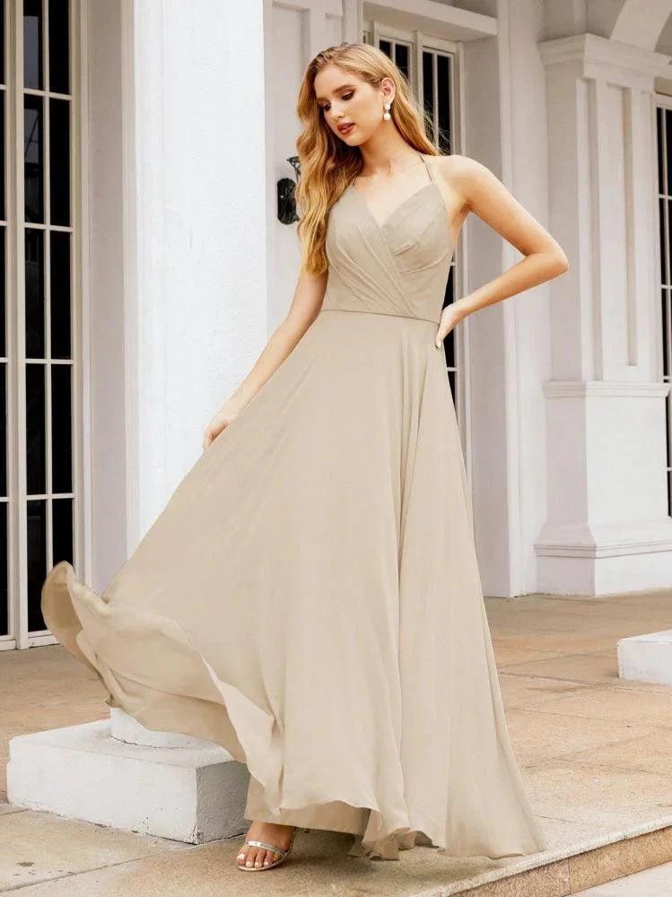 Numbersea Halter Chiffon Bridesmaid Dresses Wedding Appare Sleeveless Formal Prom Dress with Ruffled Back 28035 by numbersea