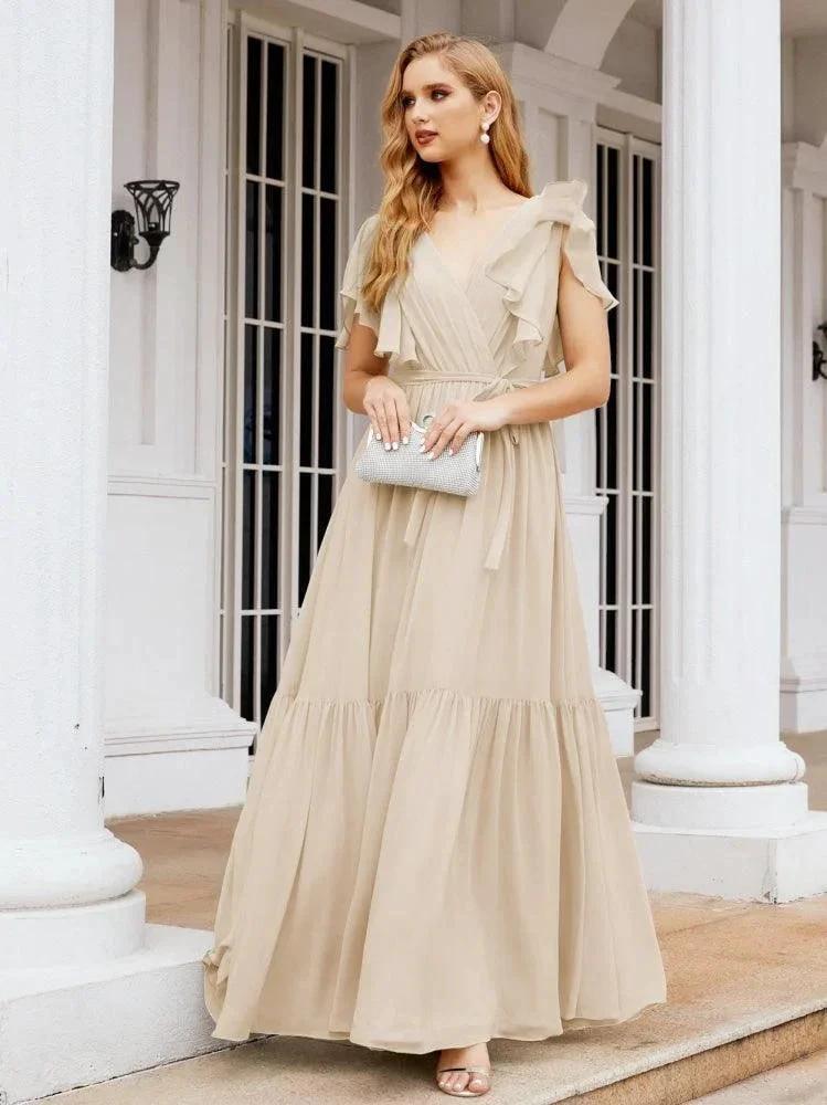 Numbersea Women's Open Back Formal Evening Party Prom Gowns V-Neck Long Chiffon Bridesmaid Dresses with Waist Belt 28038 by numbersea