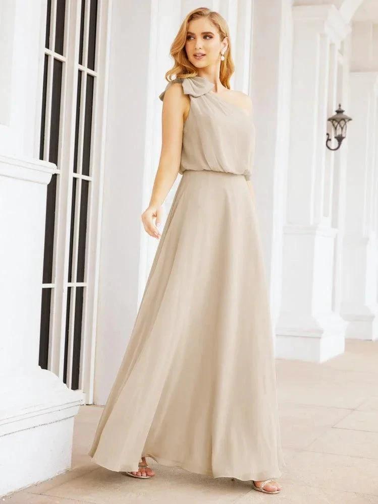 Numbersea Chiffon Ruffled One Shoulder Sleeveless Long Bride Dresses A-line Formal Evening Gown Side Split 28057 by numbersea
