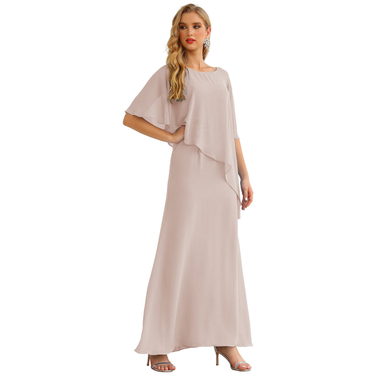 Sunnderly Chiffon Plus Size Mother of The Bride Dresses Formal Prom Gown Ruffle Cape