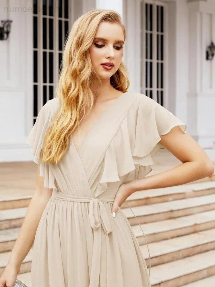ZapDress Women's Open Back Formal Evening Party Prom Gowns V-Neck Long Chiffon Bridesmaid Dresses with Waist Belt 28038 (ZD17000)