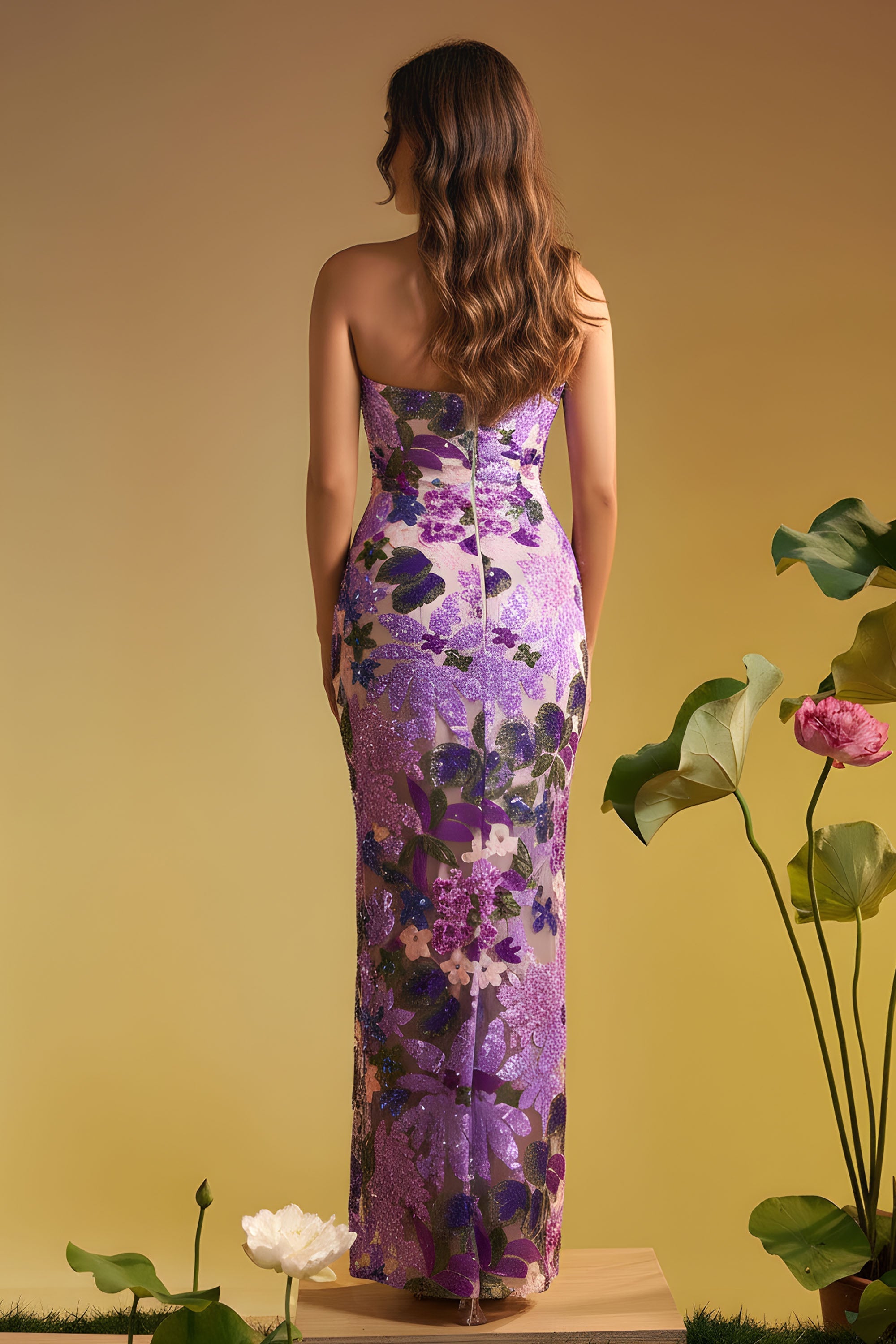 Strapless Sweetheart Floral Sequin Embellished Maxi Dress