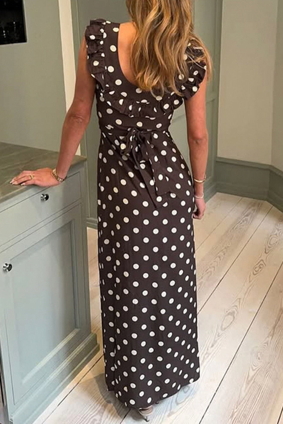 Polka Dot U-Neck Ruffled Bodycon Maxi Dress - View 4 | VelvetHem