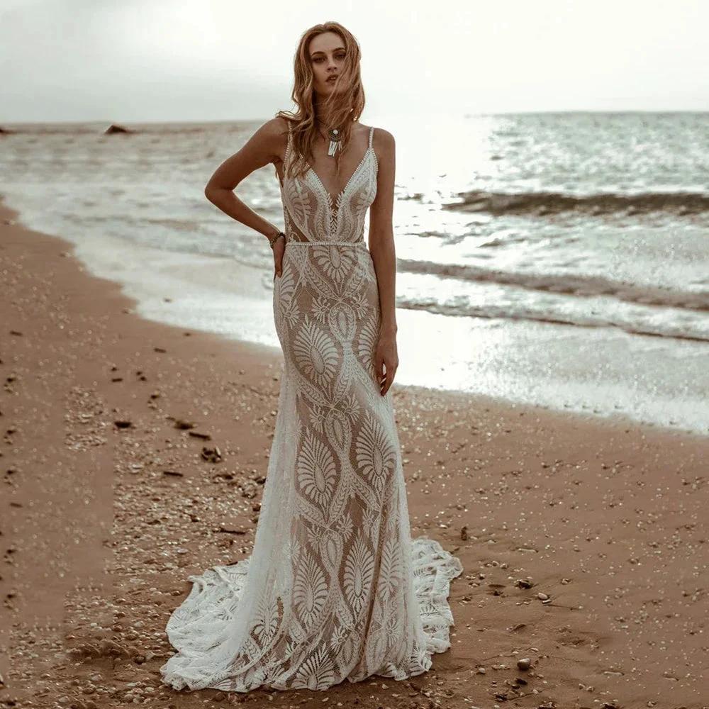 Sexy Lace V Neck Beach Mermaid Wedding Dresses 2023 Spaghetti Straps Sleeveless Bridal Dresses Backless Vestidos De Novia (ZD13456)