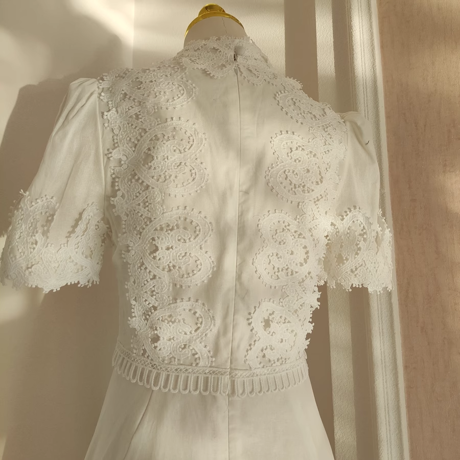 Cute A-Line High Neckline Short Sleeves Lace White Party Dress Chiffon Holiday Dresses - View 3 | FashionDia