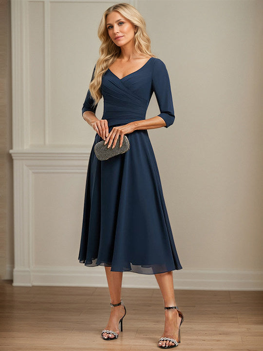 A-line V-Neck Tea-Length Chiffon Mother of the Bride Dress With Pleated - View 3 | FashionDia