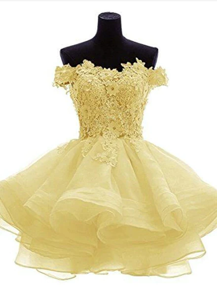 White sweetheart lace applique short cute white homecoming dress Off-the-Shoulder Organza Short Lace Applique Teen Formal Dress - View 4 | FashionDia