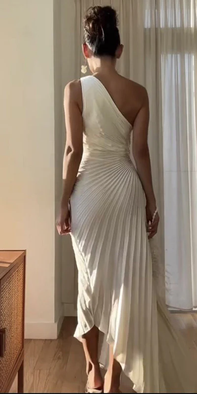 One-Shoulder Mermaid Satin Prom Dresses Pleaded Evening Dress J8848