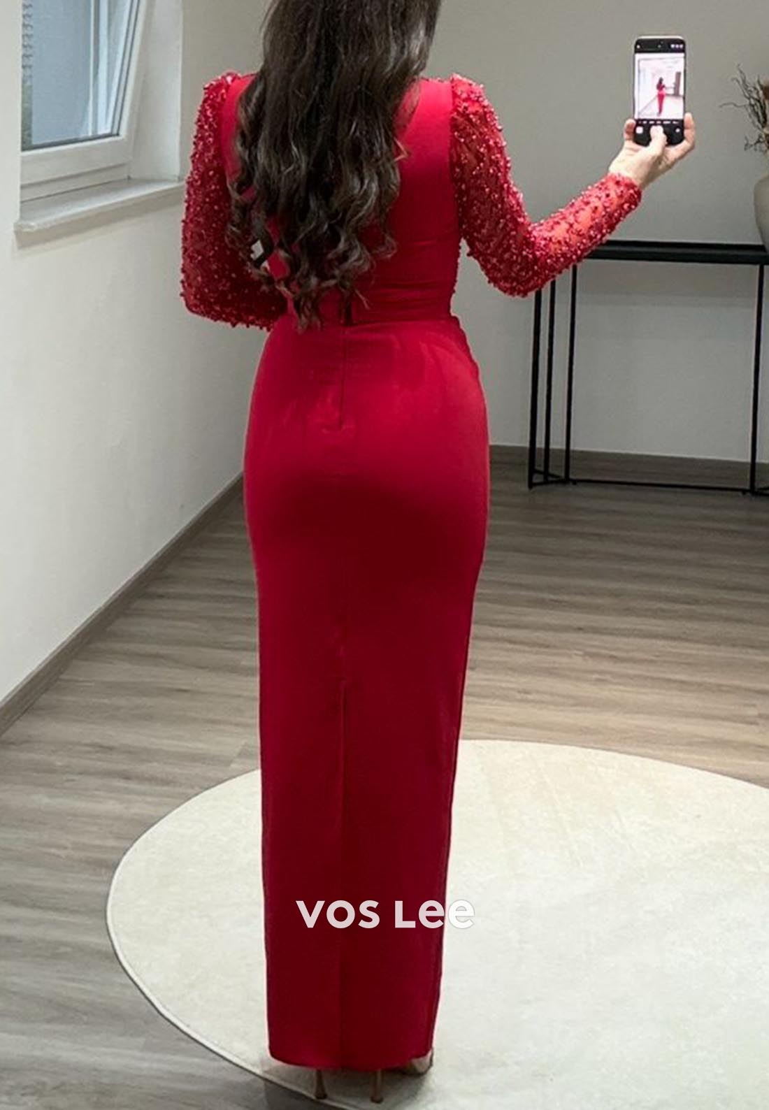Beading Long Sleeve Scoop Floor-Length Column Formal Evening Dresses