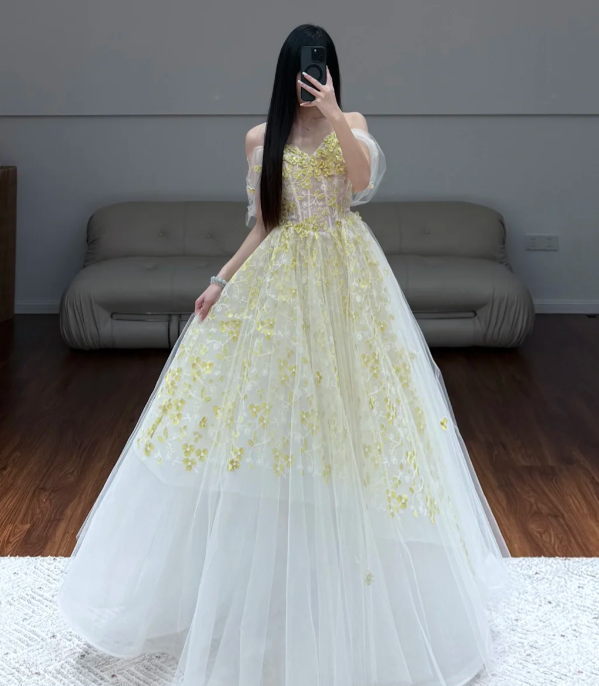Off The Shoulder White Prom Party Dress Yellow Lace Evening Dress