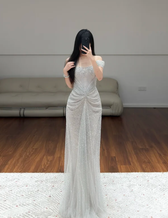Off The Shoulder Silver Sequin Lace Prom Party Dress Evening Dress Birthday Dress