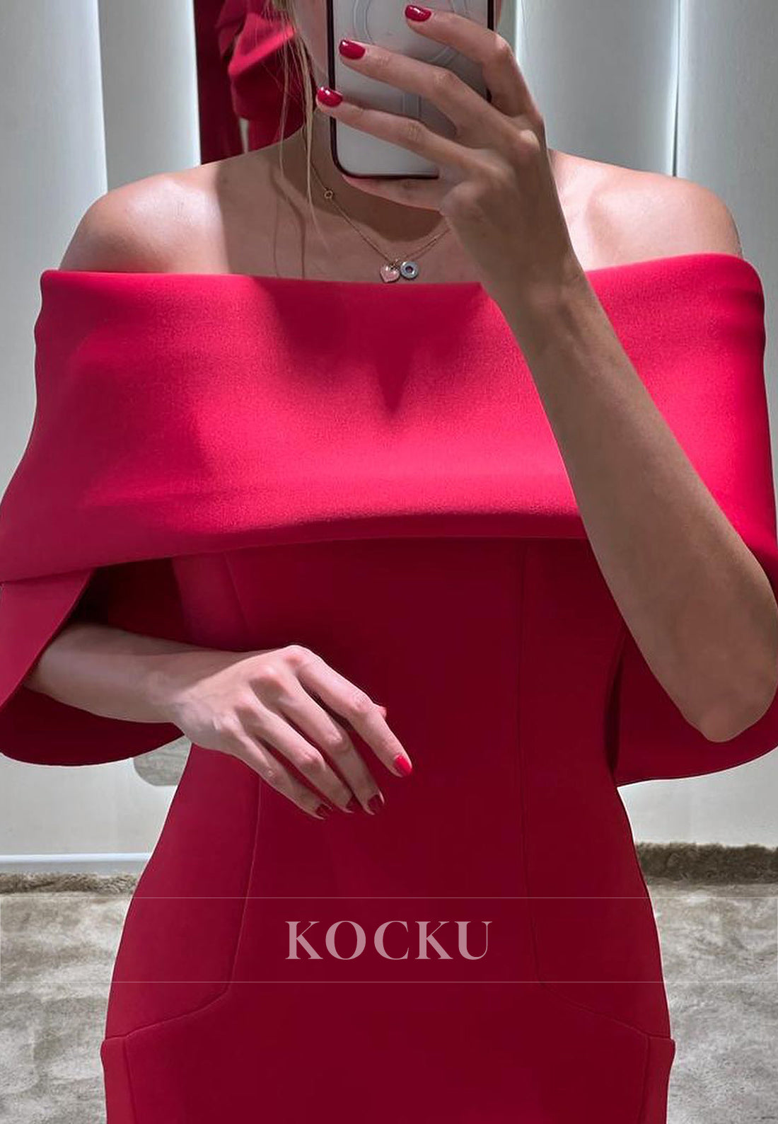 L3087 - Elegant & Simple Off-Shoulder Sheath Split Cap Sleeves Satin Evening Party Prom Dress