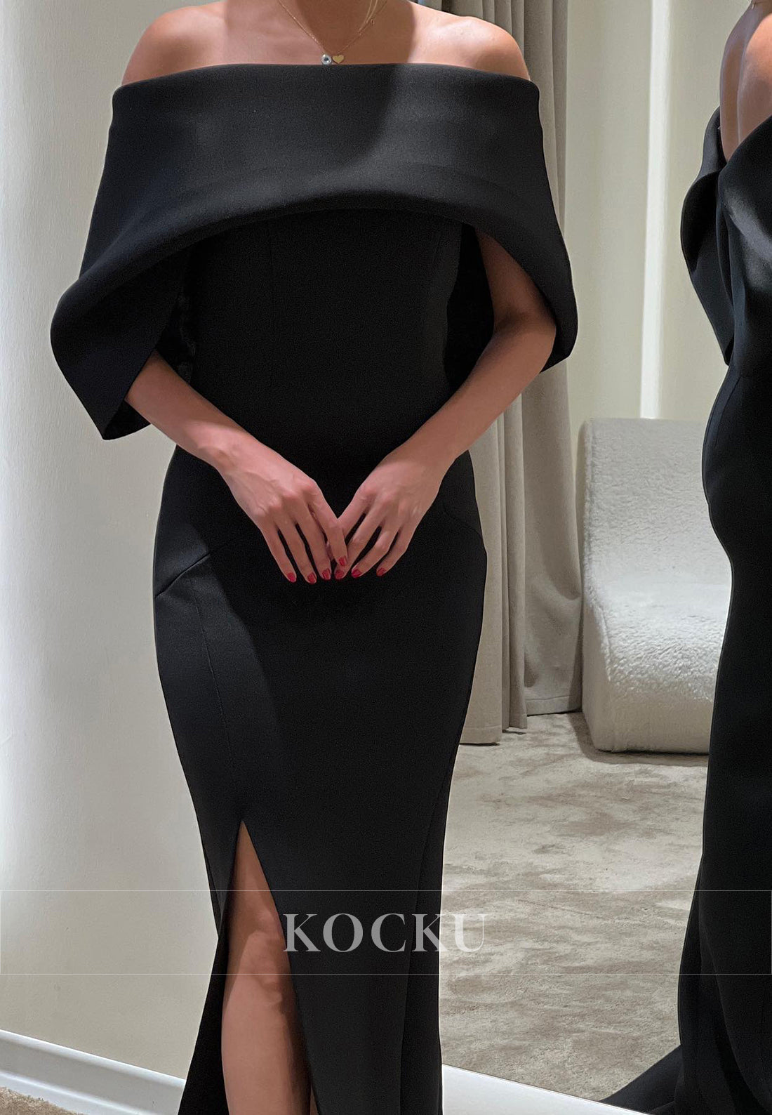 L3087 - Elegant & Simple Off-Shoulder Sheath Split Cap Sleeves Satin Evening Party Prom Dress