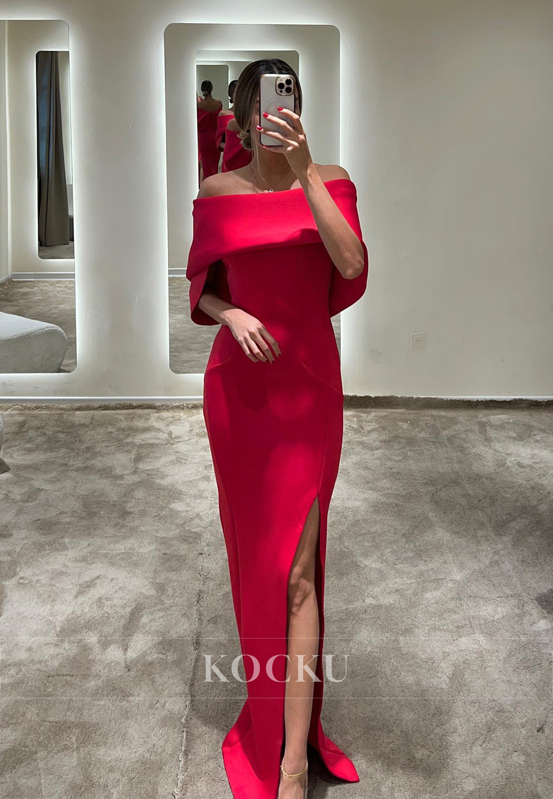 L3087 - Elegant & Simple Off-Shoulder Sheath Split Cap Sleeves Satin Evening Party Prom Dress