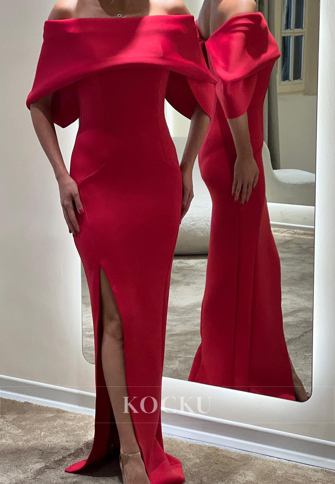 L3087 - Elegant & Simple Off-Shoulder Sheath Split Cap Sleeves Satin Evening Party Prom Dress