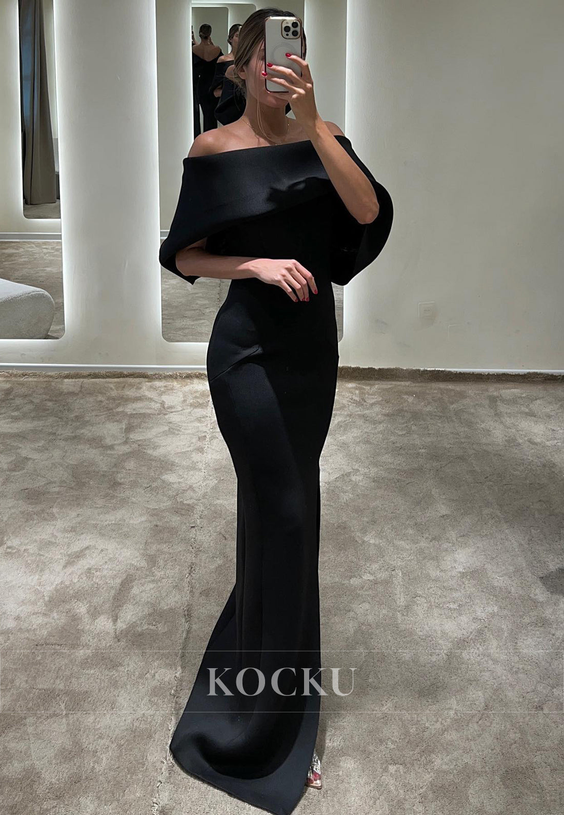 L3087 - Elegant & Simple Off-Shoulder Sheath Split Cap Sleeves Satin Evening Party Prom Dress