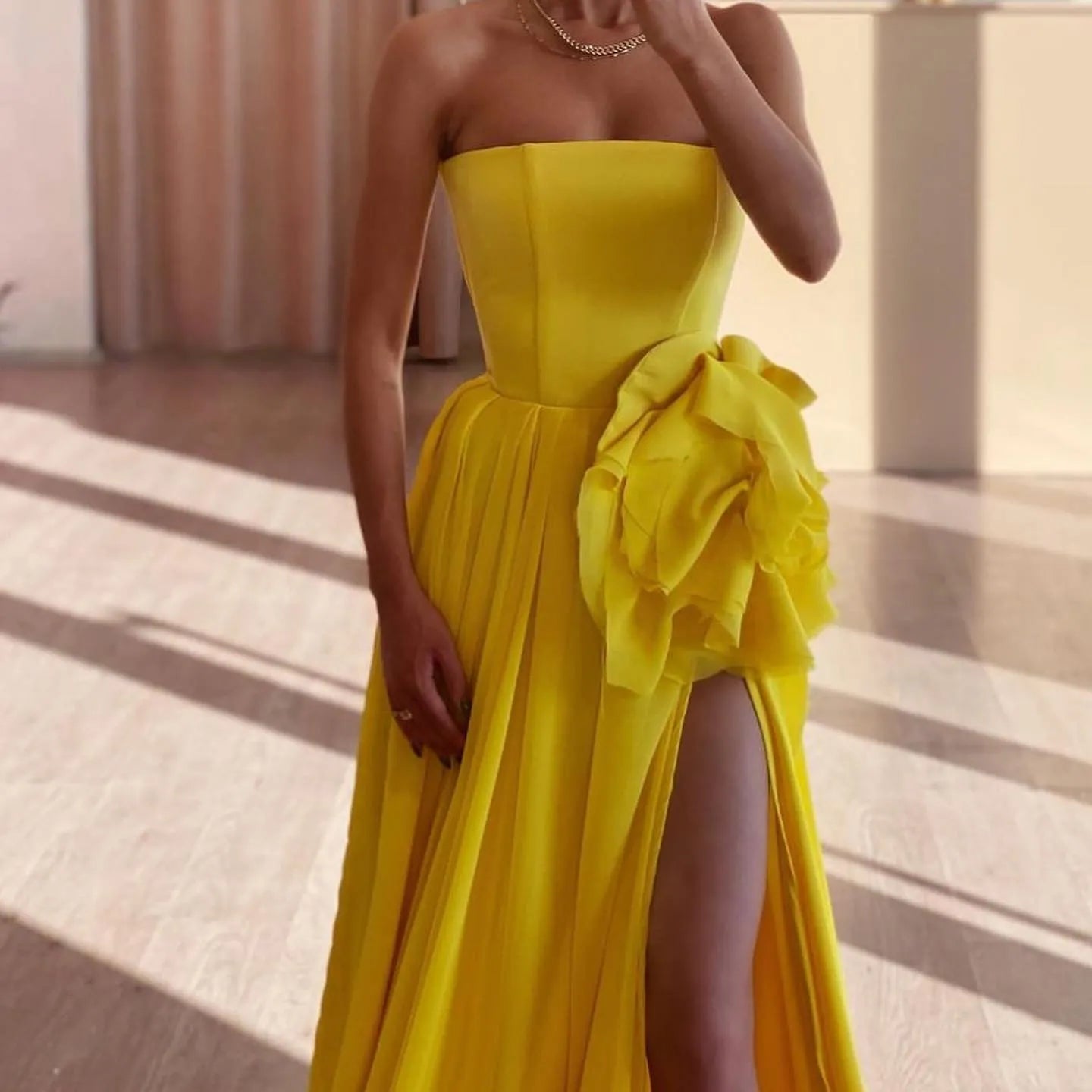 Bright Yellow Satin Mermaid Evening Dresses 3D Flower High Side Slit Party Prom Dresses Robe de soirée for women