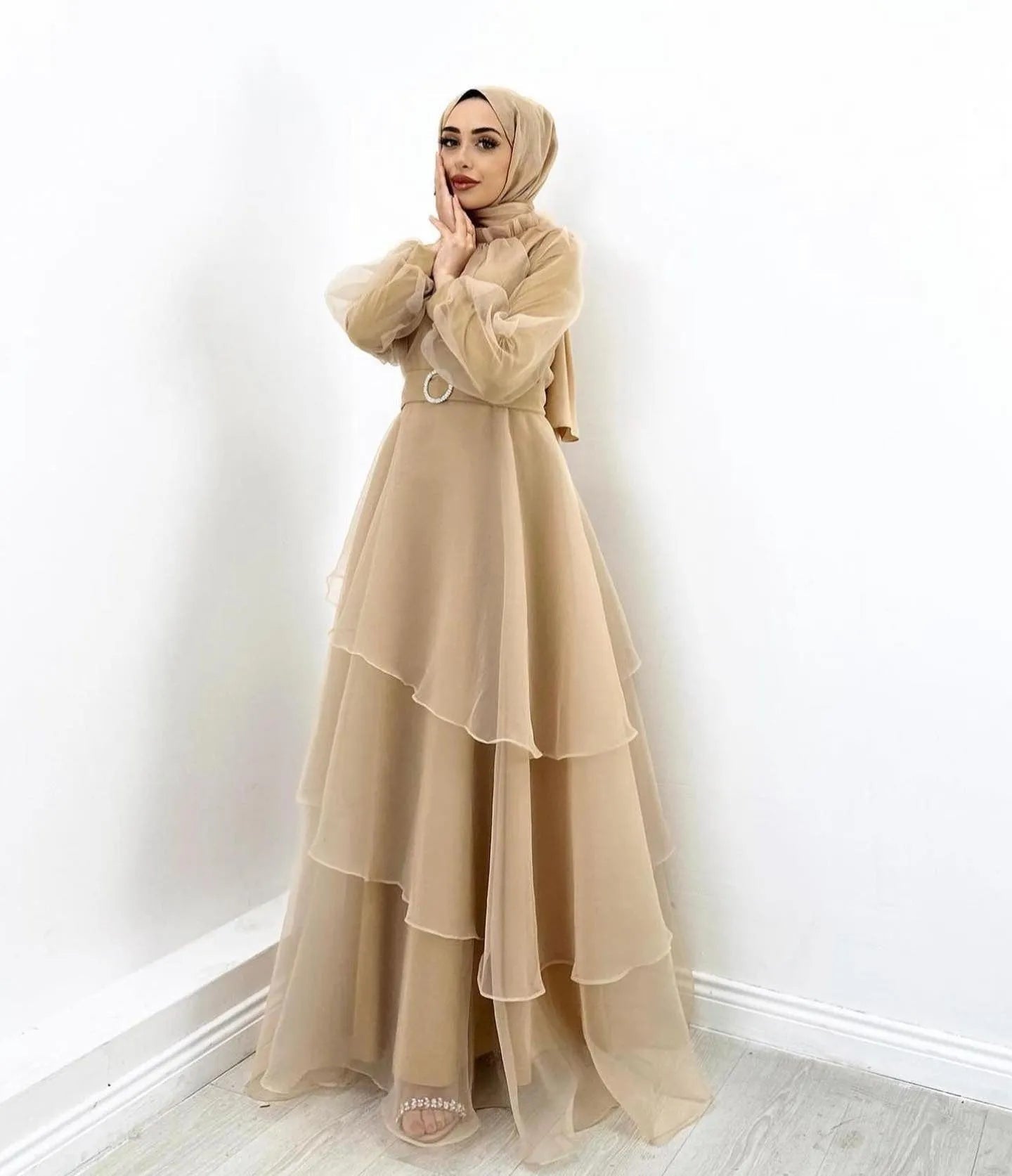 Organza Muslim Prom Dresses High Neck Long Sleeves Layered Women Party Gowns Ankle Length Formal Evening Dress Brown