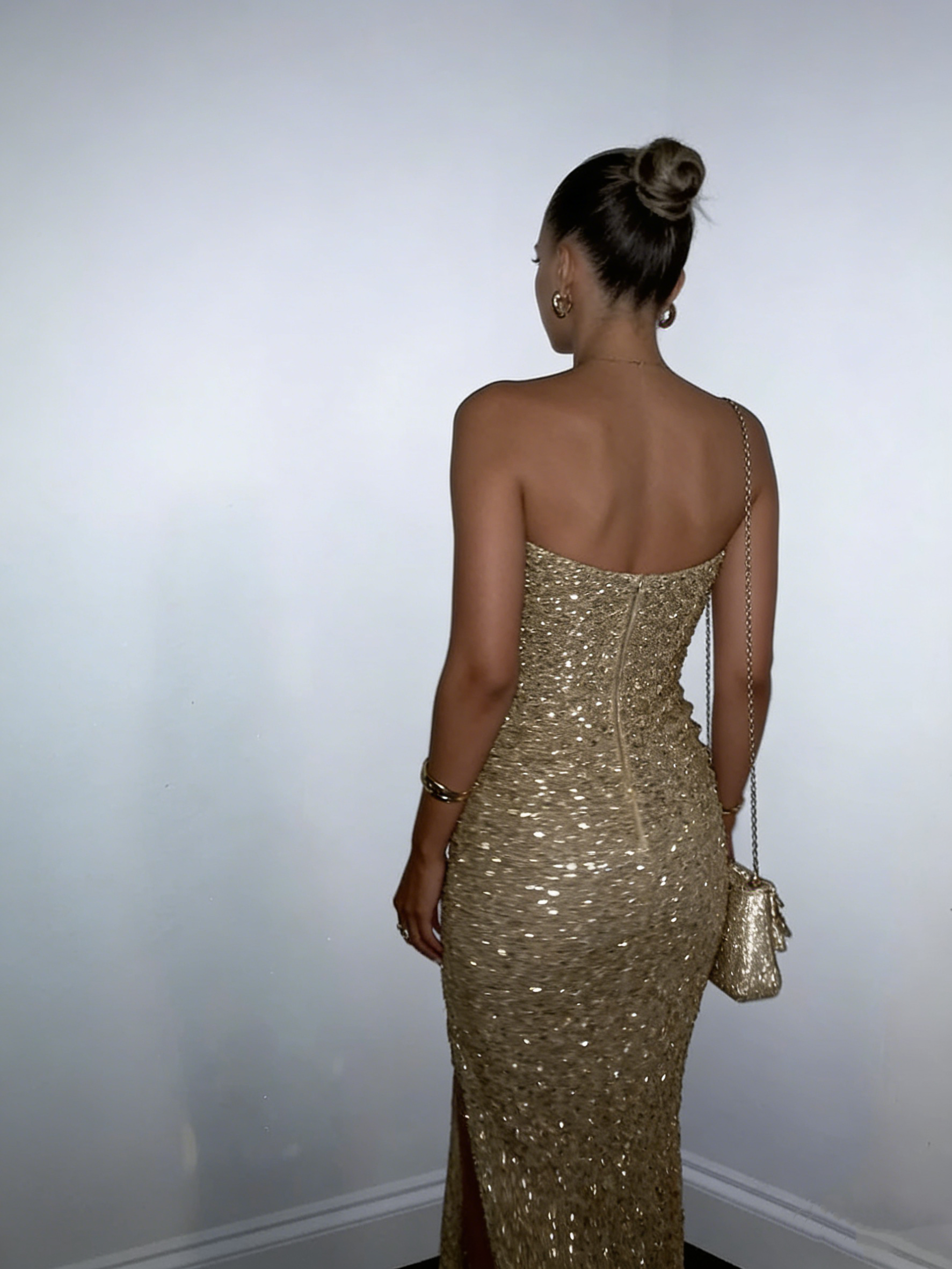 Sparkly Gold Strapless Sequin Mermaid Prom Dress Slit Long Party Dress