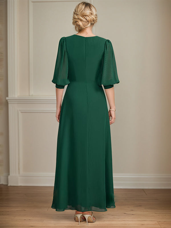 A-line V-Neck Ankle-Length Chiffon Mother of the Bride Dress With Pleated Sequins Beading - View 2 | FashionDia