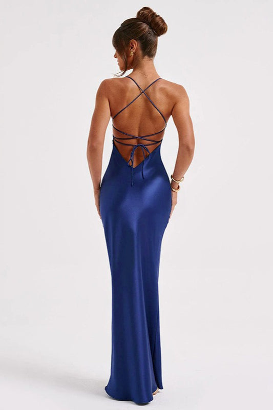 Backless Lace-Up Silk Dress - View 8 | VelvetHem