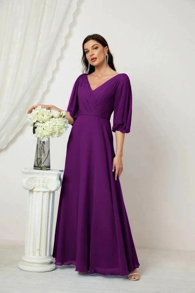 Numbersea Formal Prom Gown Women V-Neck Chiffon Bridesmaid Dresses Long Bishop Sleeve Party Dress 2807 by numbersea