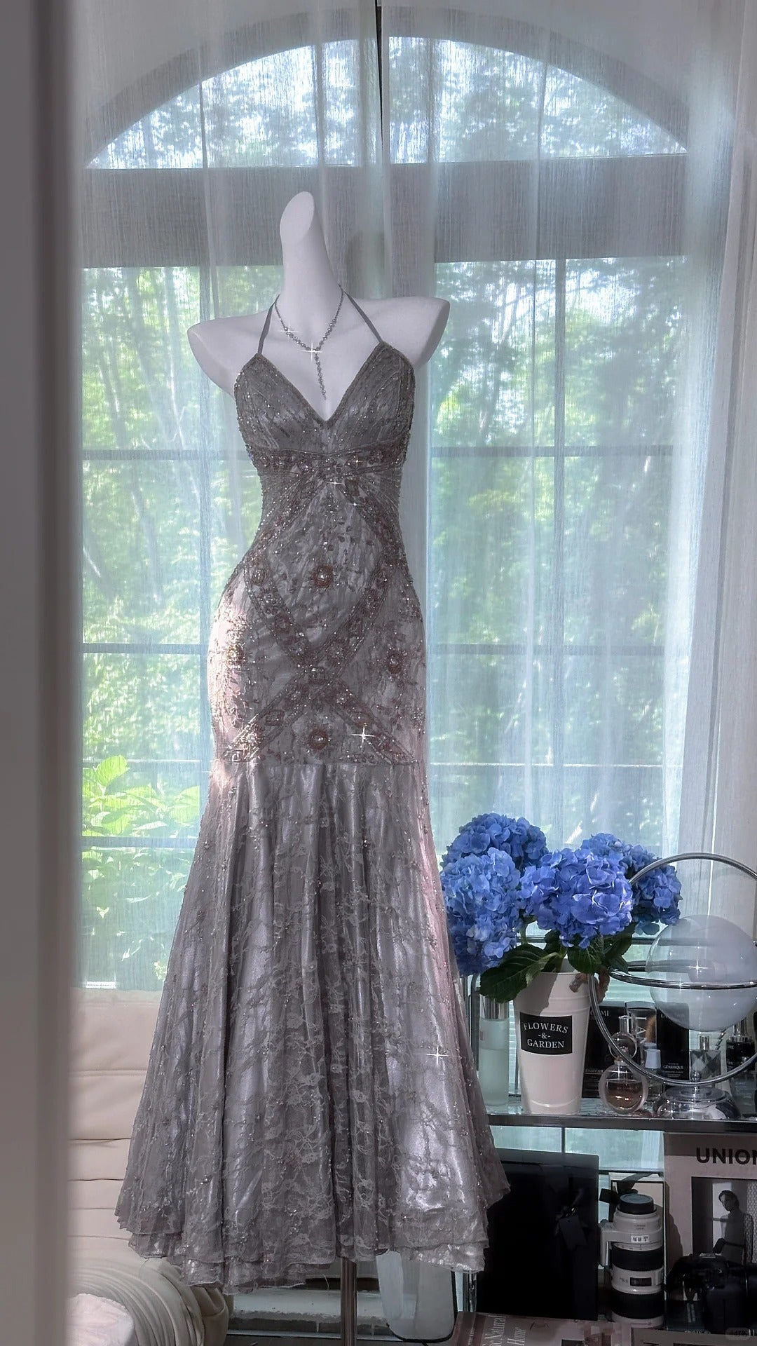 Vintage Silver-grey Mermaid Backless Beaded Lace Long Prom Dress Evening Dress