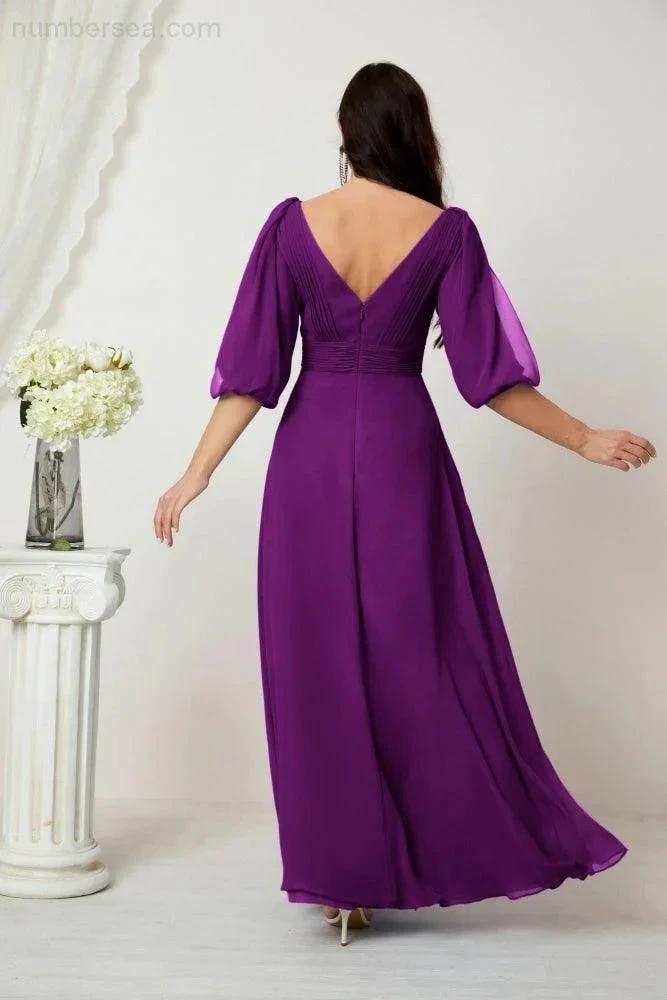 ZapDress Formal Prom Gown Women V-Neck Chiffon Bridesmaid Dresses Long Bishop Sleeve Party Dress 2807 (ZD17027)