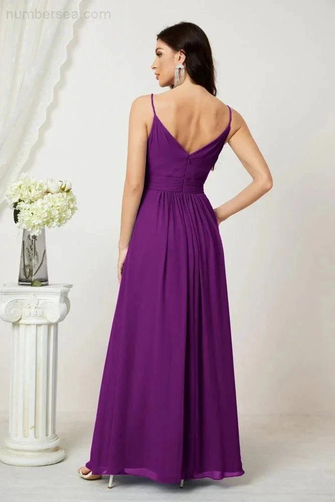 ZapDress Chiffon V-Neck Bridesmaid Dress Spaghetti Strap Long Formal Party Prom Gowns with Slit 28010 (ZD17028)