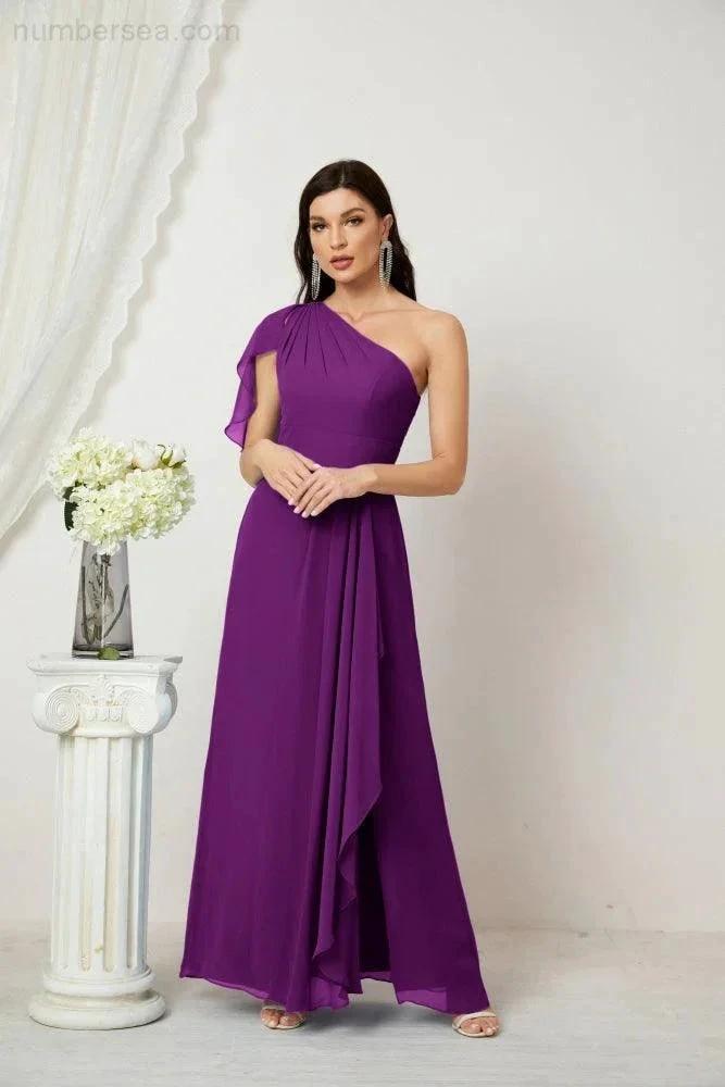 ZapDress Chiffon Ruffled One Shoulder Long Bridesmaid Dresses A-line Formal Evening Gown Side Split 2809 (ZD17049)
