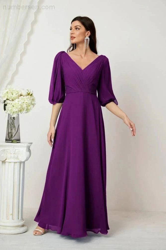 ZapDress Formal Prom Gown Women V-Neck Chiffon Bridesmaid Dresses Long Bishop Sleeve Party Dress 2807 (ZD17027)