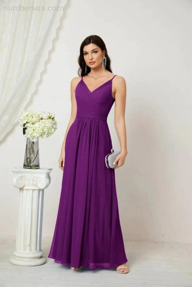 ZapDress Chiffon V-Neck Bridesmaid Dress Spaghetti Strap Long Formal Party Prom Gowns with Slit 28010 (ZD17028)