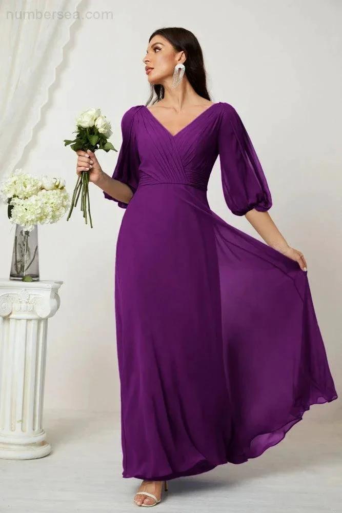 ZapDress Formal Prom Gown Women V-Neck Chiffon Bridesmaid Dresses Long Bishop Sleeve Party Dress 2807 (ZD17027)