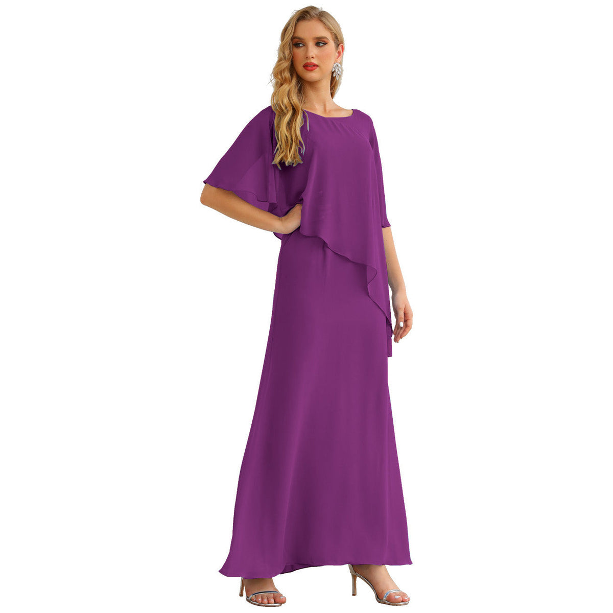 Sunnderly Chiffon Plus Size Mother of The Bride Dresses Formal Prom Gown Ruffle Cape