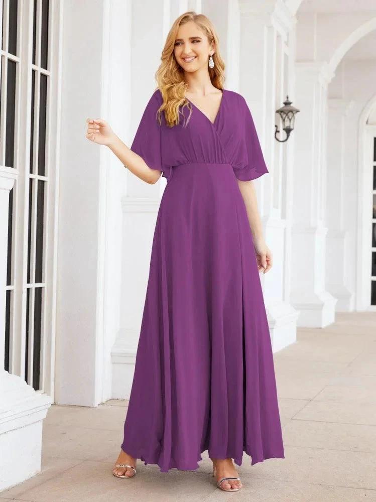Numbersea V-Neck Bridesmaid Dress Chiffon Long Open Back Formal Dresses for Women Party Evening 28067 by numbersea