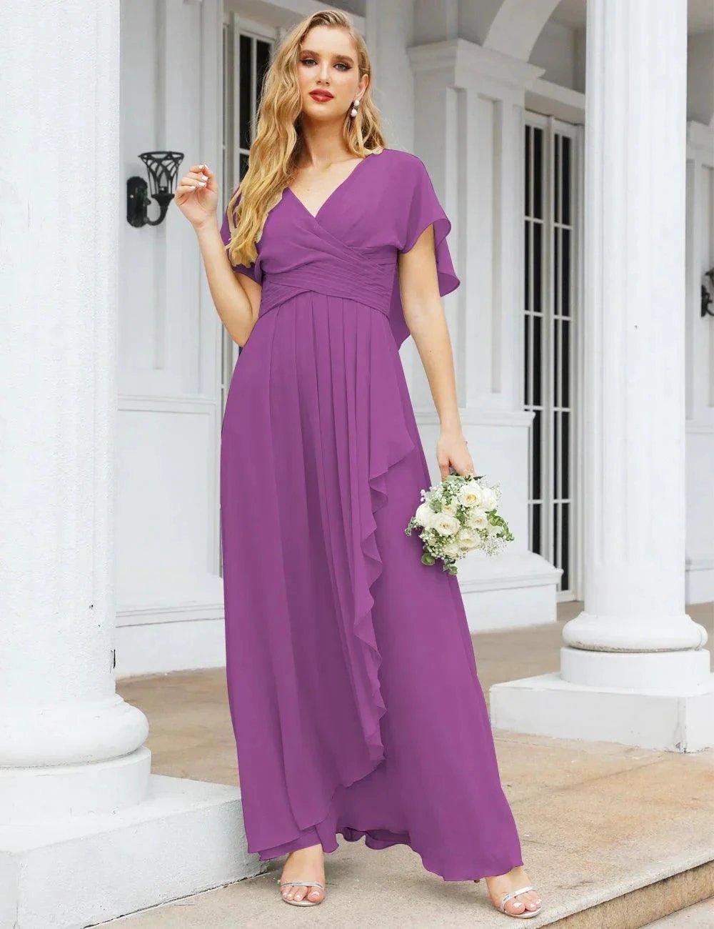 ZapDress Chiffon Bridesmaid Dresses Long Formal Evening Prom Mother of The Bride Dress with Flutter Sleeve (ZD17054)