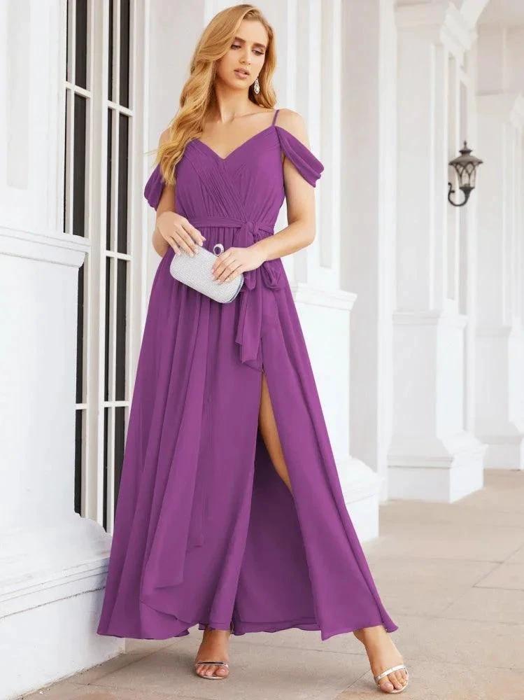 Numbersea Off The Shoulder Chiffon Bridesmaid Dress Long Formal Graduation Gown with Cowl Back 28069 by numbersea