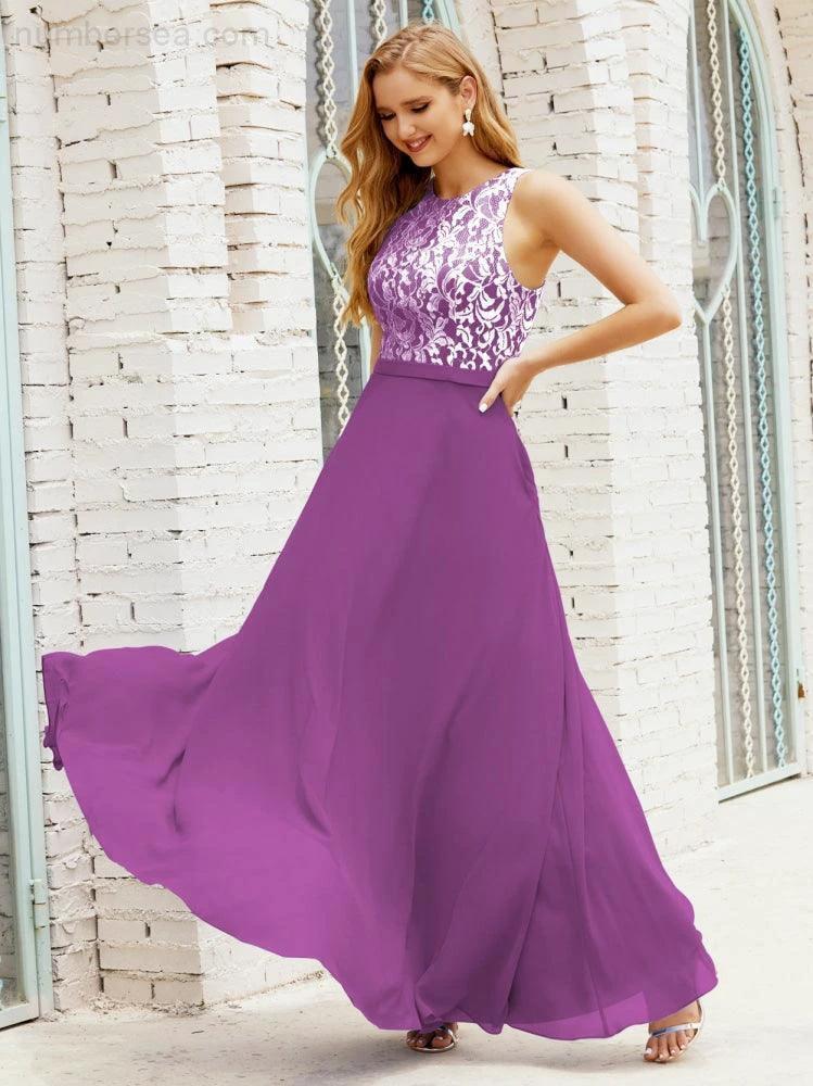 Lace Bridesmaid Dress Floor Length Evening Gowns with Pockets 28017 (ZD16964)