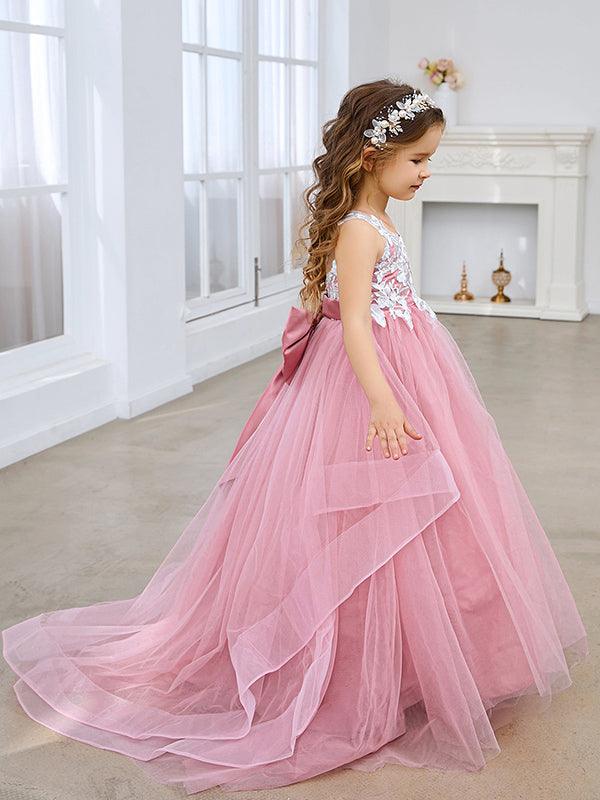 Princess Sleeveless Tulle Flower Girl Dress with Lace and Bow Pink (010224320) - View 4 | VelvetHem