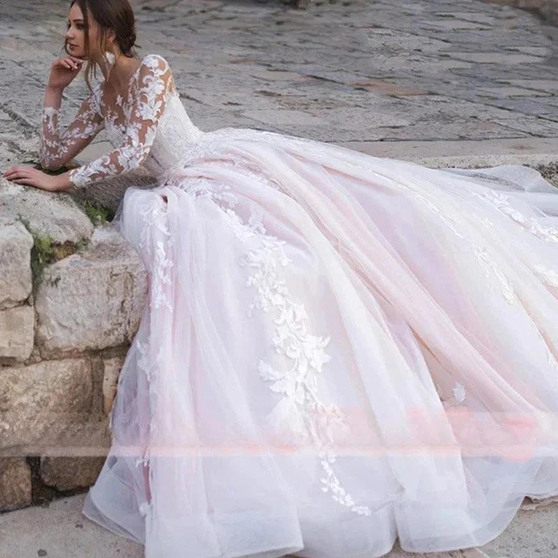 Luxury Pink Long Sleeves Wedding Dress Ball Gown Lace Appliques O-Neck Button Royal Train Bride Gowns Vestido De Novia Princess (ZD13368) - View 3 | VelvetHem