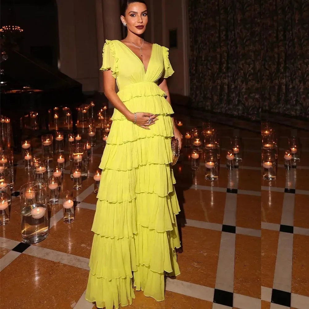 Elegant Lemon Yellow Prom Dress Chiffon Deep V-Neck Puff Sleeves Ruffles Tiered Side Slit Floor Length Evening Dress