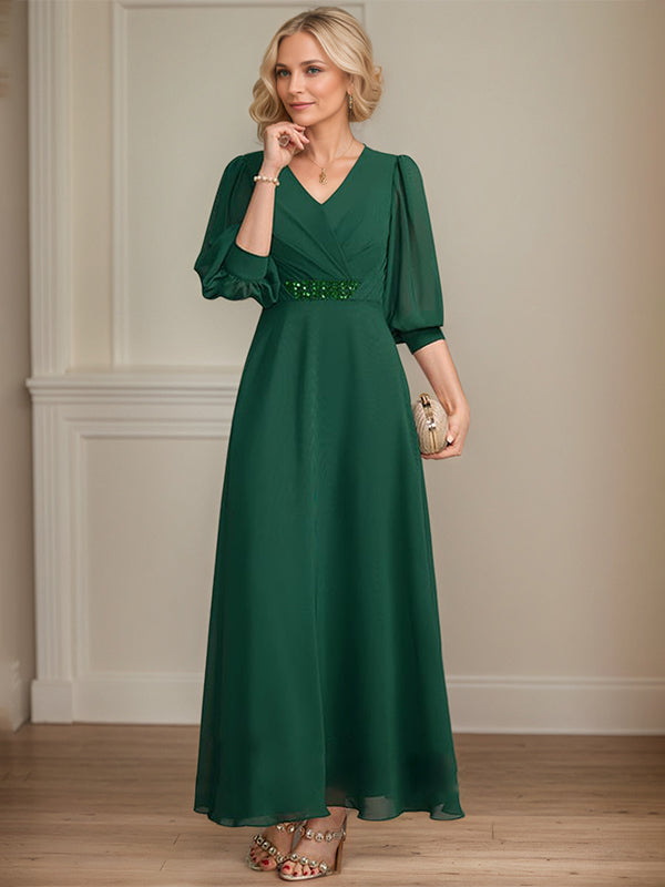 A-line V-Neck Ankle-Length Chiffon Mother of the Bride Dress With Pleated Sequins Beading - View 4 | FashionDia