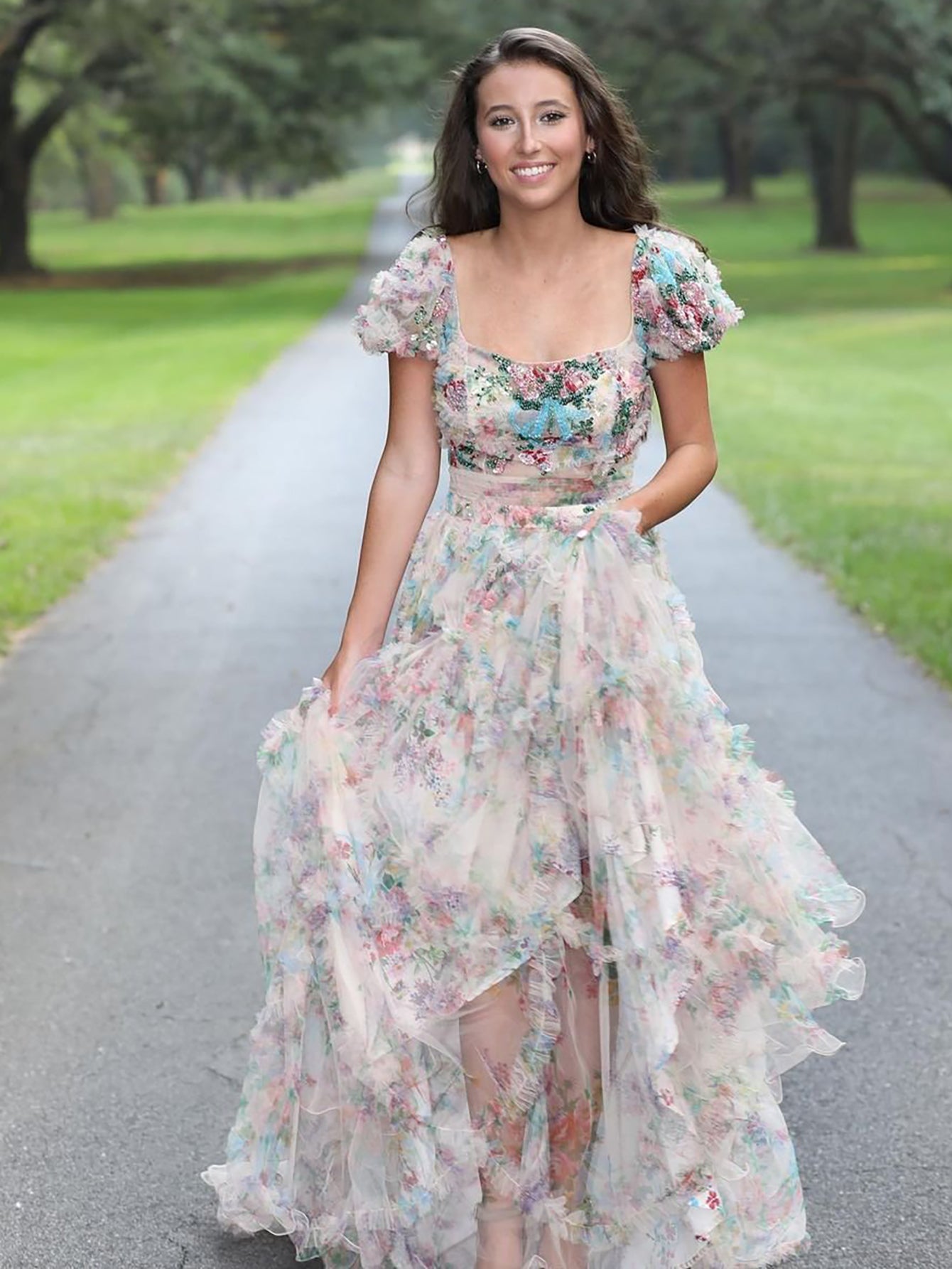 A Line Floral White Long Prom Dress - Fashionpara