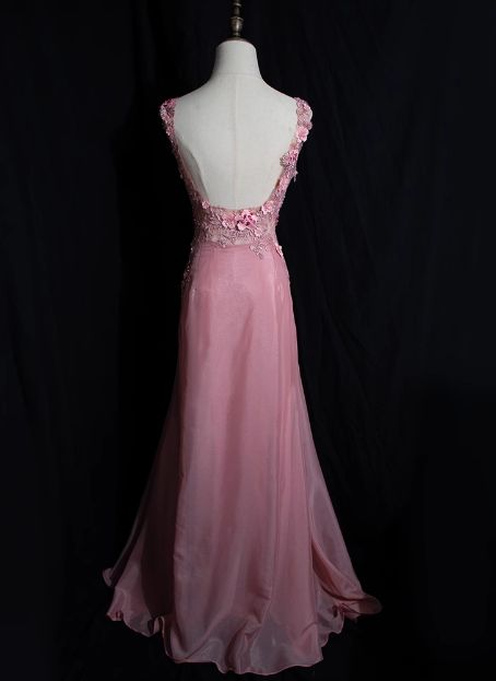 Pink Backless 3d Flower Long Prom Dress Vintage Evening Dress J7890