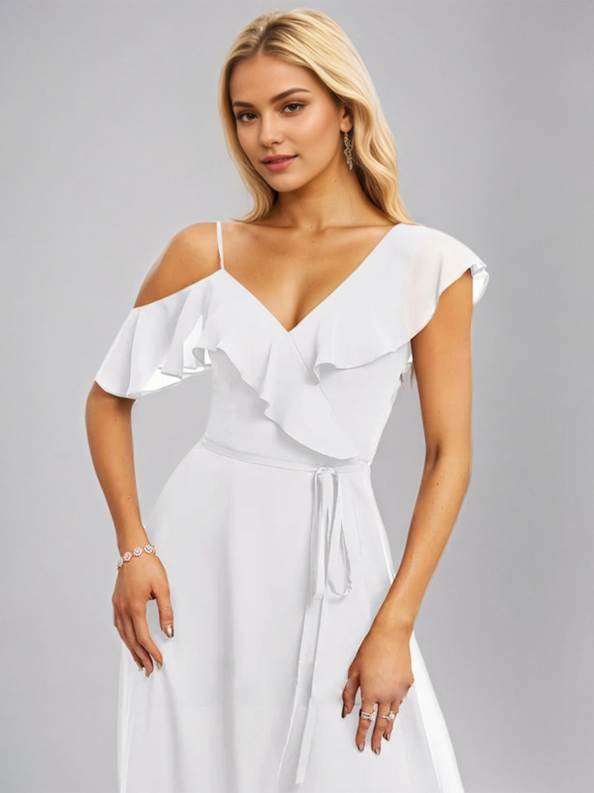 White A-Line Asymmetrical Floor-Length Chiffon Bridesmaid Dress With Ruffle