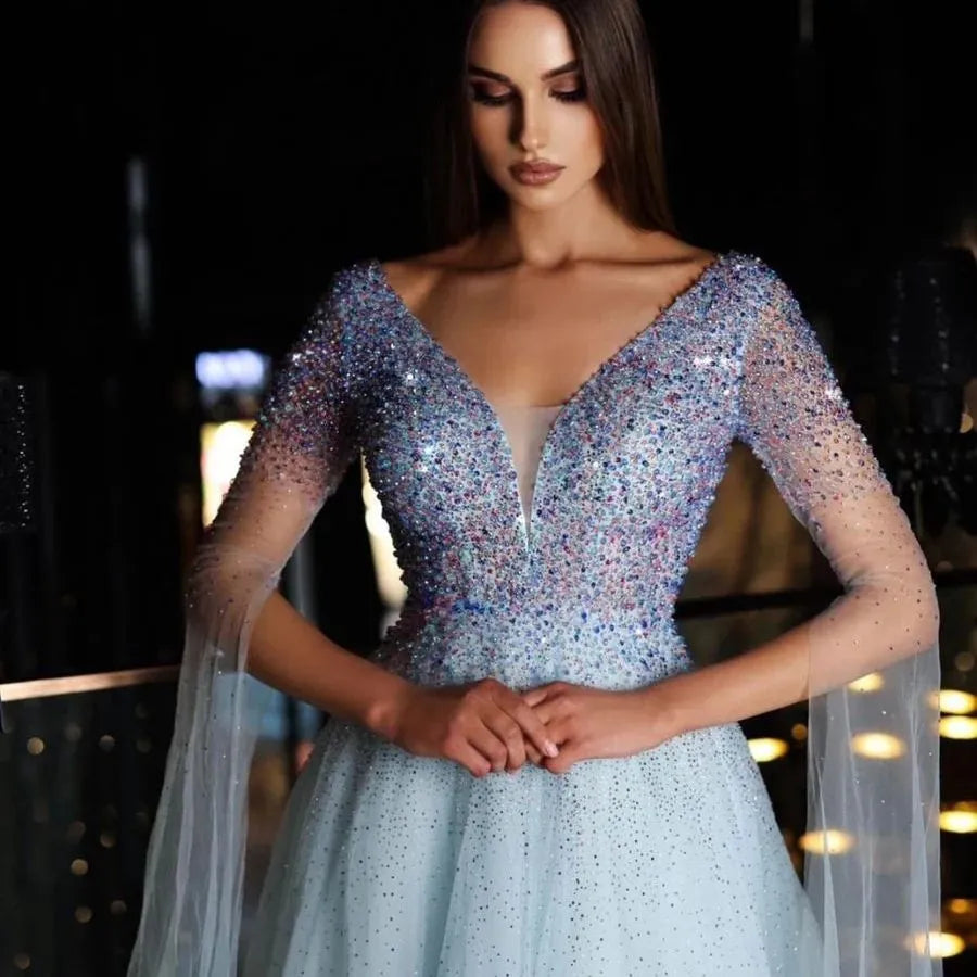 Noble Sky Blue Tulle Prom Dress V-Neck Long Cape Floor Length Ruched Sequineds Formal Evening Dress Women Party Gowns