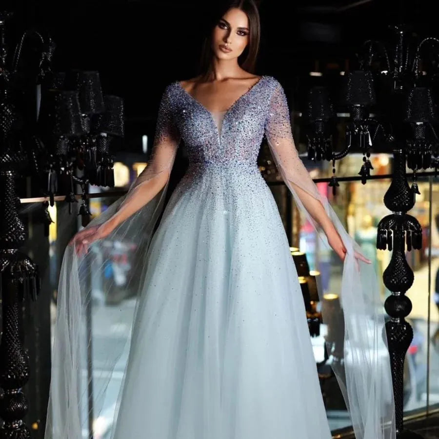 Noble Sky Blue Tulle Prom Dress V-Neck Long Cape Floor Length Ruched Sequineds Formal Evening Dress Women Party Gowns