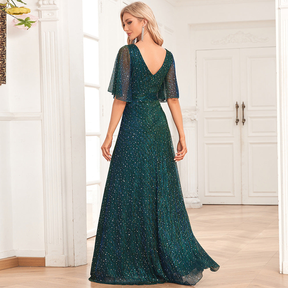 Butterfly See Through Sleeve Pairs V Neck Pleated A Large Swing Evening Dress Wedding Sequined Mop Dress - View 2 | VelvetHem