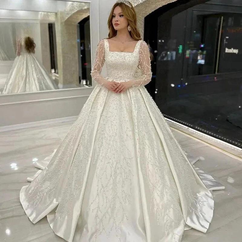 Luxury Wedding Dress Embroidered Lace Beading With Princess Ball Gown Square Collar Fullsleeve Bride Button Vestido De Novia (ZD13486) - VelvetHem