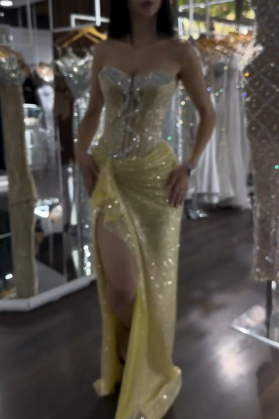 Glitter Strapless Yellow Sequin Beaded Mermaid Slit Evening Dress Formal Birthday Party Dress - View 4 | FashionDia